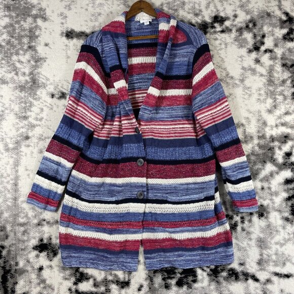 J Jill Sweater Womens Size‎ PXL Striped Button Up Cotton Linen Tight Knit - Picture 1 of 15